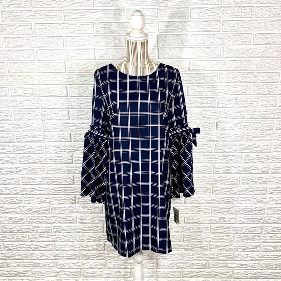 Weslee Rose Dresses & Skirts - Weslee Rose Blue White Plaid Dress Bell Sleeves
